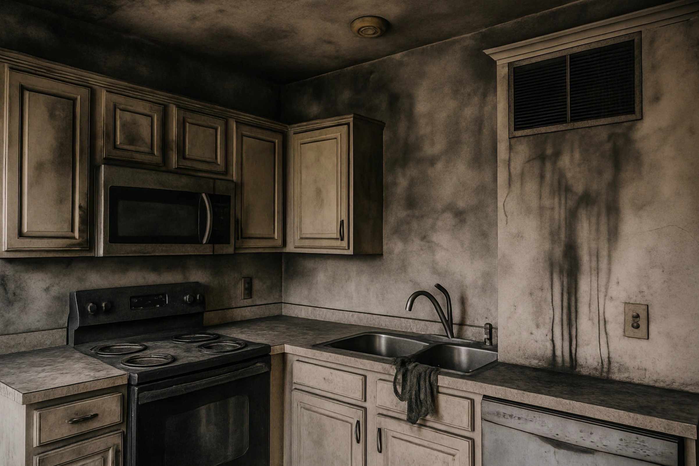 Smoke damage in a residential kitchen